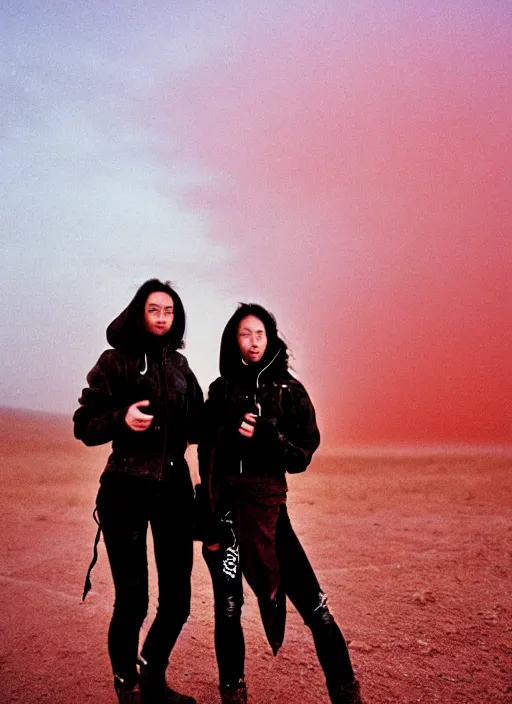 Image similar to cinestill 5 0 d photographic portrait of two loving female androids wearing rugged black techwear on a desolate plain with a red sky, extreme closeup, lizard on ground, cyberpunk style, in front of a brutalist dark metal facility, dust storm, 3 5 mm, 8 k, f / 3 2, high resolution, ultra realistic faces