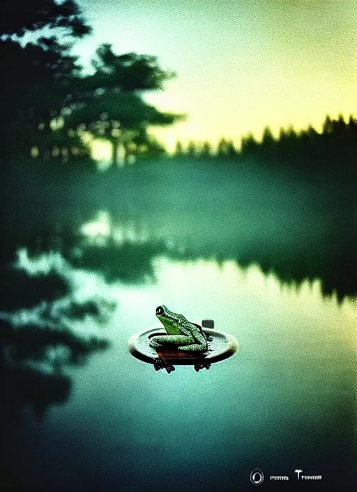 Image similar to “frog in jesus christ pose vertically hovering above calm lake waters, distant misty forest horizon, low angle shot, long cinematic shot by Andrei Tarkovsky, paranormal, eerie, mystical”
