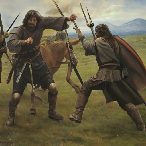 Image similar to oil painting of aragorn fighting against modern soldiers