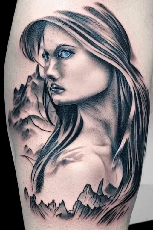 Image similar to tattoo design sketch of a beautiful blue - eyed woman face with a faded background of beautiful mountains and nature on her side, hyper - realistic, in the style of den yakovlev, amazing detail, black and white