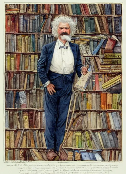 Image similar to realistic portrait of mark twain surrounded by a frame of books, art by harvey dunn and howard pyle and walter crane, illustration, watercolor art,