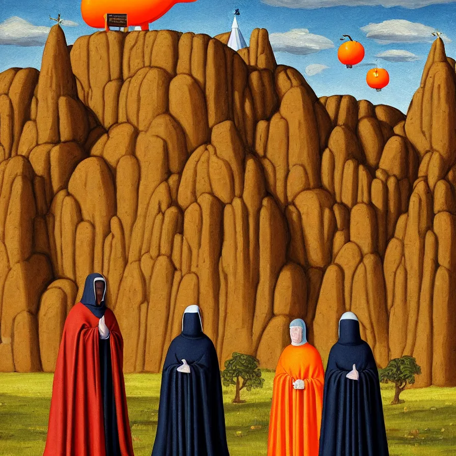 Prompt: three medieval nuns surrounding giant orange. in the background we see a walmart. the sun is shining and there is a blimp in the sky ; oil painting in medieval style