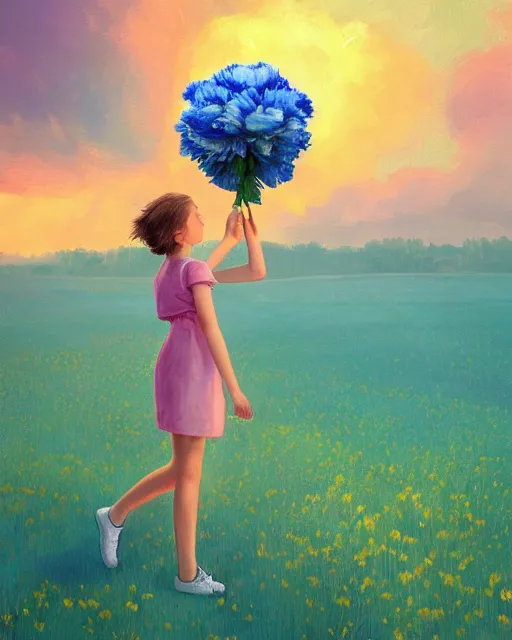 Image similar to girl with a giant carnation as face, surreal photography, flower field, sunset dramatic light, impressionist painting, colorful clouds, blue sky, digital painting, artstation, simon stalenhag