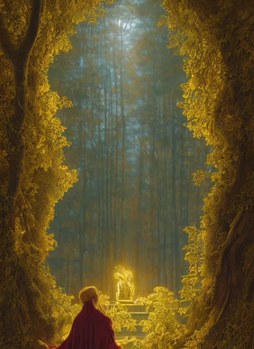 Prompt: intricate oil painting portrait by John William Godward and Anna Dittman and Laurie Greasley and Victo Ngai and Taro Okamoto and Caspar David Friedrich depicting a female fantasy priestess in a bright temple surrounded by yellow spring forest and dead trees, evening, atmospheric lighting, intricate detail, cgsociety, hyperrealistic, octane render, RPG portrait, ambient light, dynamic lighting