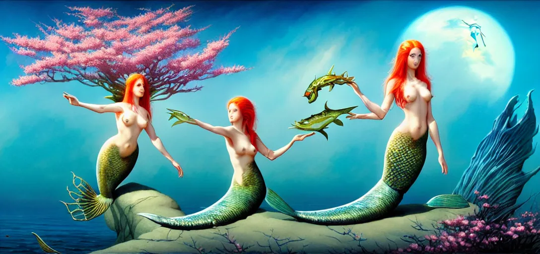 Prompt: photo of a beautiful mermaid and alien fish in the style of roger dean, realistic, sharp focus, 8 k high definition, insanely detailed, intricate, elegant, art by greg rutkowski and artgerm, extreme blur cherry blossoms background