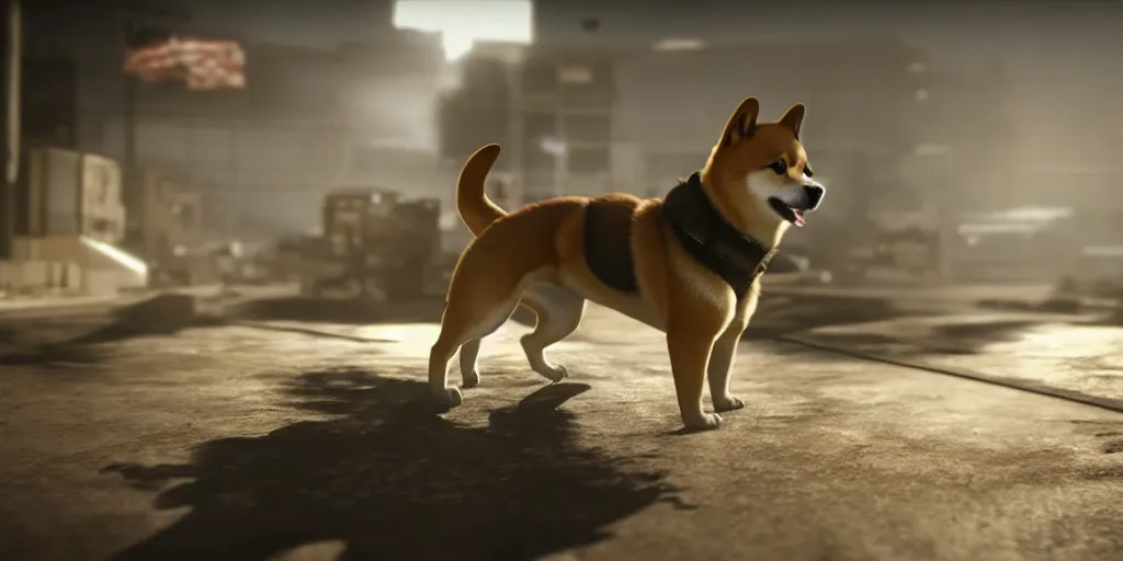 Image similar to A shiba inu dog in Call of Duty Vanguard, cinematic shot, dramatic lighting