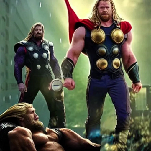 Prompt: Thor hit a hammer on Thanos head