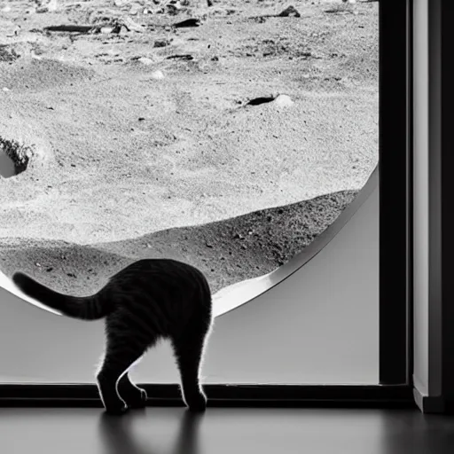 Image similar to cat watching martian landscape, standing inside a futuristic window, next to a food bowl