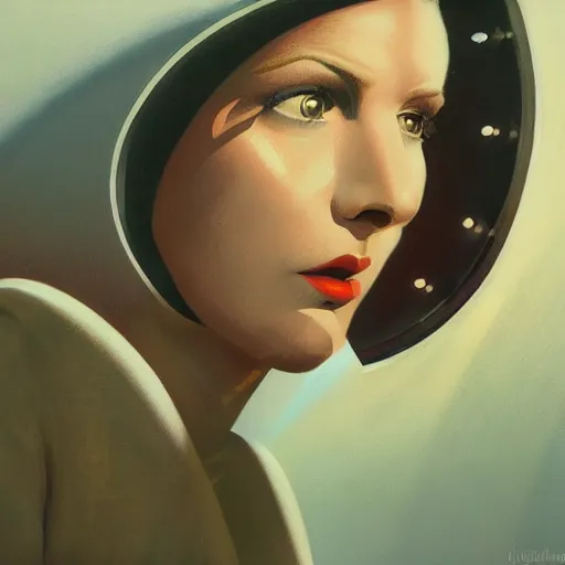 Image similar to detailed face of a woman, clockwork woman, moment, tectonic sky, skydome, bullet train, turbines, tech noir, wet reflections, prism, atmospheric, ambient, pj crook, syd mead, livia prima, greg rutkowski, edward hopper