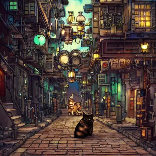 Prompt: robotic steampunk cat walking in a steampunk city at midnight, studio ghibli, extremely detailed, side view, lanterns can be seen lighting up the city, lonely,