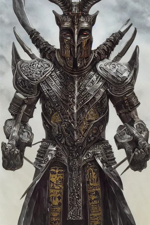 Prompt: full body concept art of Ancient Egypt warrior wear baphomet armor made with porcelain by Jeff Easley and Peter Elson + beautiful eyes, beautiful face + symmetry face + galaxy + gothic, surreal, dread + highly detailed, intricate complexity, epic composition, magical atmosphere + masterpiece, award winning + trending on artstation