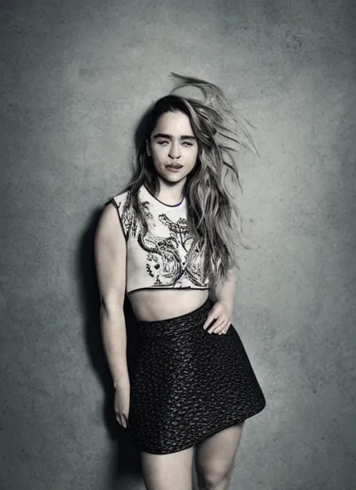 Image similar to emilia clarke in mini skirt and crop top tank top, platform boots, beautiful face, intricate, extremely detailed, modeling photography, 8 0 mm camera, dramatic lighting, dark room, body and face