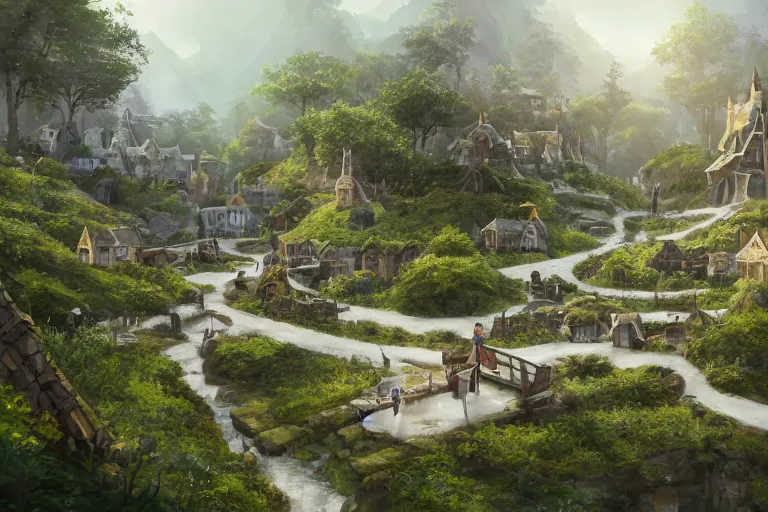 Prompt: A small elven village with white rectangular architecture in an open field, a winding white pathwalk and a small brook running through, clear blue skies in the background, by Sylvain Sarrailh and Samantha Kung, D&D, high fantasy, 8k photorealistic, cinematic lighting, HD, high details, concept art, trending on artstation