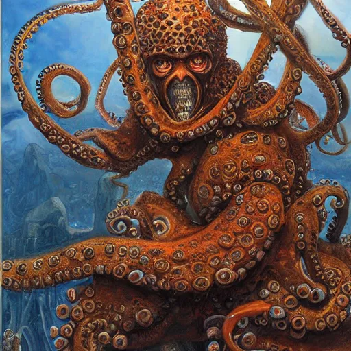 Image similar to portrait of an octopus warrior, by donato giancola.