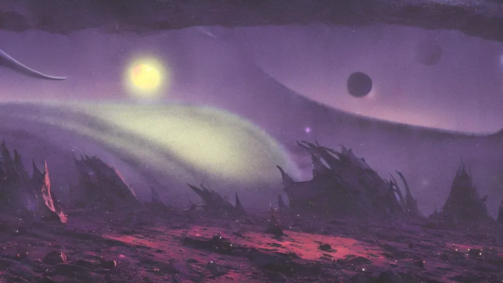 Image similar to eerie atmospheric alien planet by paul lehr and jack gaughan and john schoenherr, epic cinematic matte painting
