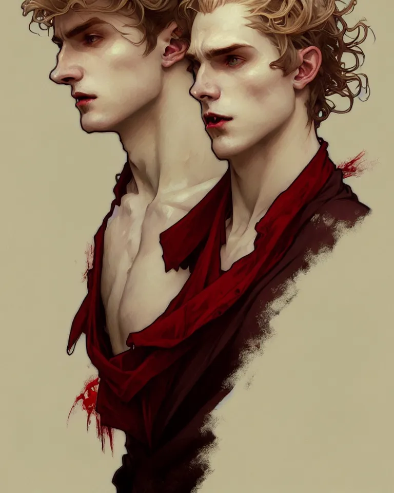 Image similar to portrait of a beautiful young fit male vampire with curly blond hairs and pale skin, dressed with urban clothes, by greg rutkowski and alphonse mucha, d & d character, gradient white to red, modern nocturnal background, highly detailed portrait, digital painting, artstation, concept art, smooth, sharp focus ilustration, artstation hq