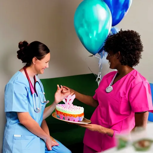 Prompt: photograph of a nurse giving a patient a birthday cake