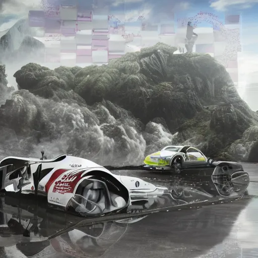 Prompt: sci-fi sport car formula 1 hatchback transport design organic smooth elastic forms on the front background digital billboard with point cloud in the coronation of napoleon painting by Jacques-Louis David, pinterest keyshot product render, cloudy plastic ceramic material shiny gloss water reflections, ultra high detail ultra realism, 4k