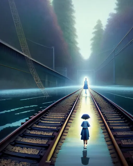 Image similar to photo of chihiro walking along train tracks stretching out toward the horizon that are submerged under a few inches of water, intricate, elegant, highly detailed, digital painting, artstation, concept art, smooth, sharp focus, illustration, art by artgerm and greg rutkowski and fra angelico