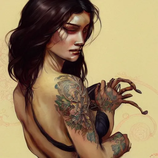 Image similar to ultra realistic illustration, a hot brunette tattooed slavic woman in her late 2 0's, intricate, elegant, highly detailed, digital painting, artstation, concept art, smooth, sharp focus, illustration, art by artgerm and greg rutkowski and alphonse mucha