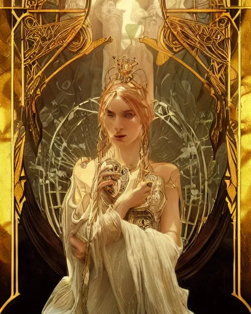 Image similar to tarot card, high priestess, Art nouveau, intricate, elegant, highly detailed, concept art, sharp focus, beautiful face!!, digital art, smooth, by Bastien Deharme, Brom, trending on Artstation, Alphonse Mucha