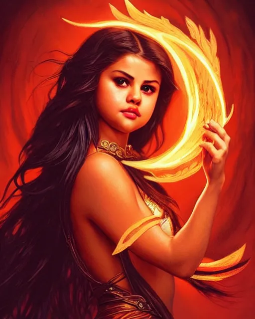 Image similar to Selena Gomez as a sorceress levitating and casting a fire spell, surrounded by fire, D&D, fantasy, intricate, elegant, highly detailed, digital painting, artstation, concept art, matte, sharp focus, illustration, hearthstone, art by Artgerm and Greg Rutkowski and Alphonse Mucha