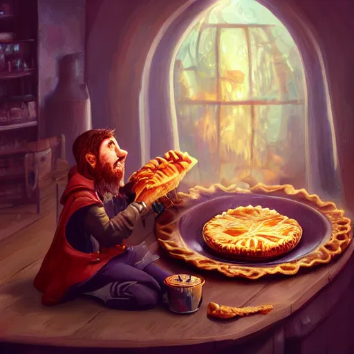 Image similar to magic wizard eating an apple pie, high detail, digital art, unreal engine, artstation, popular, magical, cinematic,