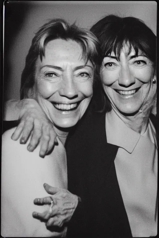 Image similar to a polaroid of Hillary clinton and ghislaine maxwell hugging and smiling