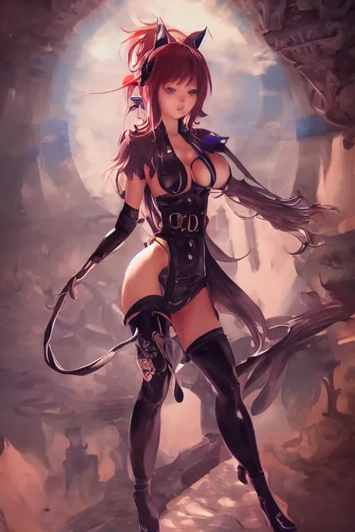 Image similar to cat girl in a blade and soul spinoff artbook rendered by the artist Nadezhda Tikhomirova, Jiyun Chae, Taran Fiddler, Lê Long, Joe Madureira, trending on Artstation by Taran Fiddler, artbook, Stanley Artgerm Lau, WLOP, Rossdraws , James Gurney