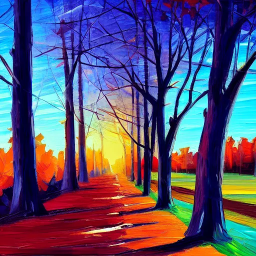Prompt: tree-lined path at sunset, by Aenami Alena, Afshar Petros and Afremov Leonid