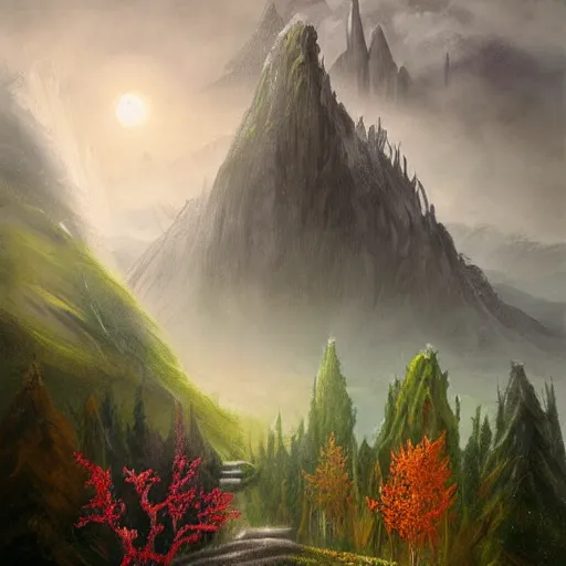 Image similar to magical academy on a mountain, mist, fantasy, realism, by bagshaw tom