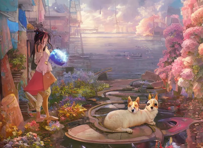 Prompt: beautiful anime painting of solarpunk summer chill day with corgi, by Tim Okamura, Victor Nizovtsev, Greg Rutkowski, Noah Bradley. trending on Artstation, 8k, masterpiece, graffiti paint, fine detail, full of color, intricate detail, golden ratio illustration