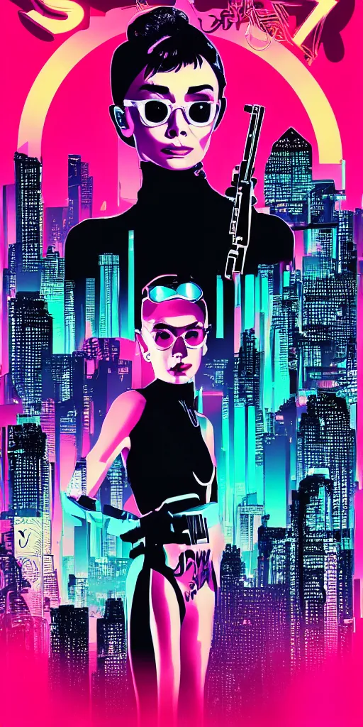 Prompt: audrey hepburn cyberpunk, synthwave poster,