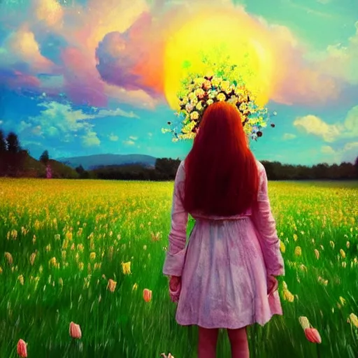 Image similar to girl with an exploding blooming flower for a head, surreal photography, dream, standing in flower field, magical, in a valley, sunrise dramatic light, impressionist painting, colorful clouds, artstation, simon stalenhag, blooming flower face
