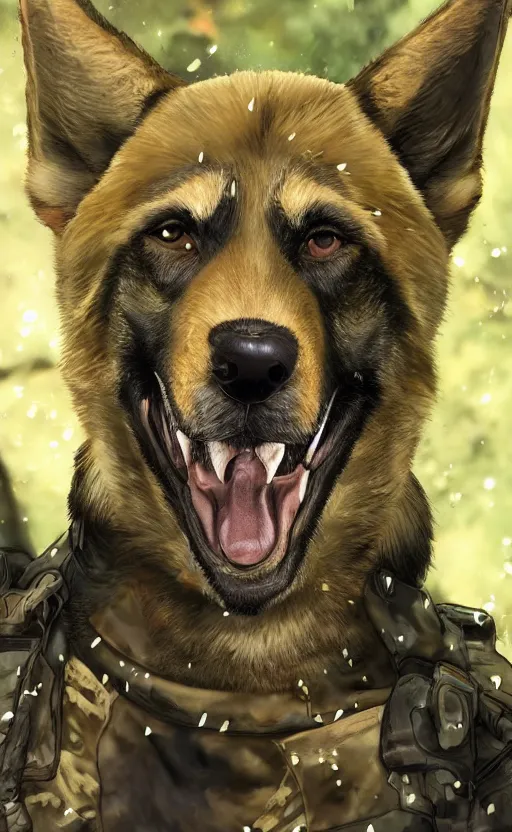 Image similar to close up character portrait icon of the german shepard beast - man military uniform head animal person wearing clothes standing in the bright forest, hidari, color page, tankoban, 4 k, tone mapping, akihiko yoshida