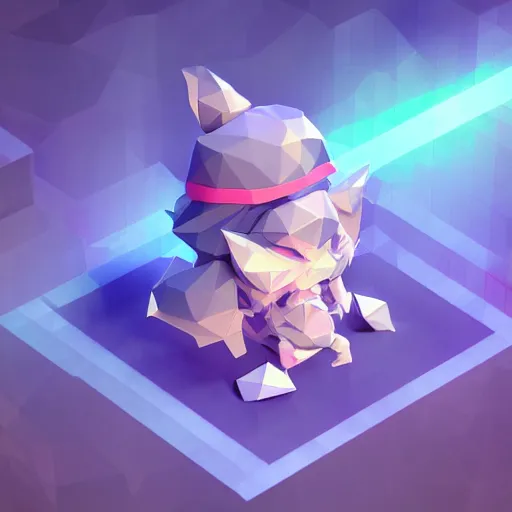 Prompt: low poly modelling, high resolution textures, isometric view, 1 6 bit colors, from touhou, made in unity 3 d, fat chibi grey cat, volumetric lighting, fantasy, intricate, hyper realistic, by riot games, league of legends, backlit