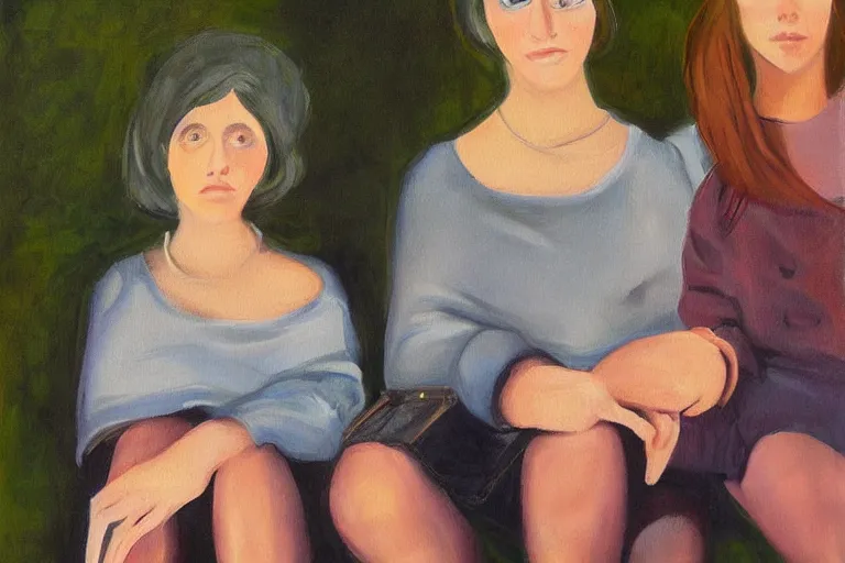 Prompt: beautiful painting of friends, beautiful faces, sitting on the edge, cute, soft light, digital painting by diane arbus