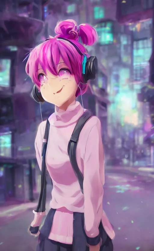 Image similar to anime girl with pink ponytail, wearing purple headphones, wearing a green sweater, with a smile on her face and her eyes closed, walking down a street, dynamic lighting, photorealistic fantasy concept art, trending on art station, very detailed, anime concept art, stunning visuals, creative, cinematic, ultra detailed