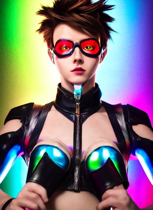 Image similar to hyperrealistic style portrait of tracer overwatch, confident pose, wearing black iridescent rainbow latex, rainbow, neon, 4 k, expressive surprised expression, makeup, wearing detailed black leather collar, wearing sleek armor, studio lighting, black leather harness, expressive detailed face and eyes,