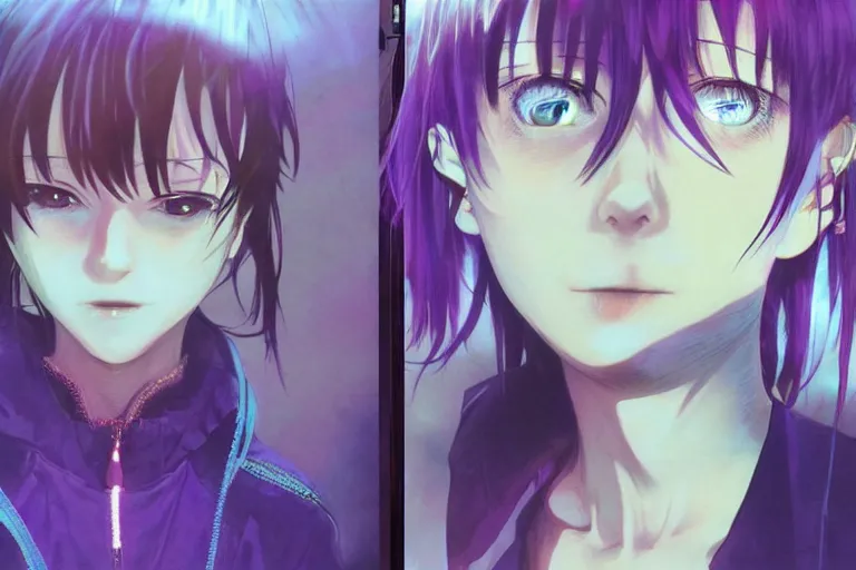 Prompt: serial experiments lain, teen girl, wired landscape, cyberpunk, volumetric lighting, photo realistic, digital art, anime background, violet colour palette, very detailed faces, art by range murata and yasuyuki ueda