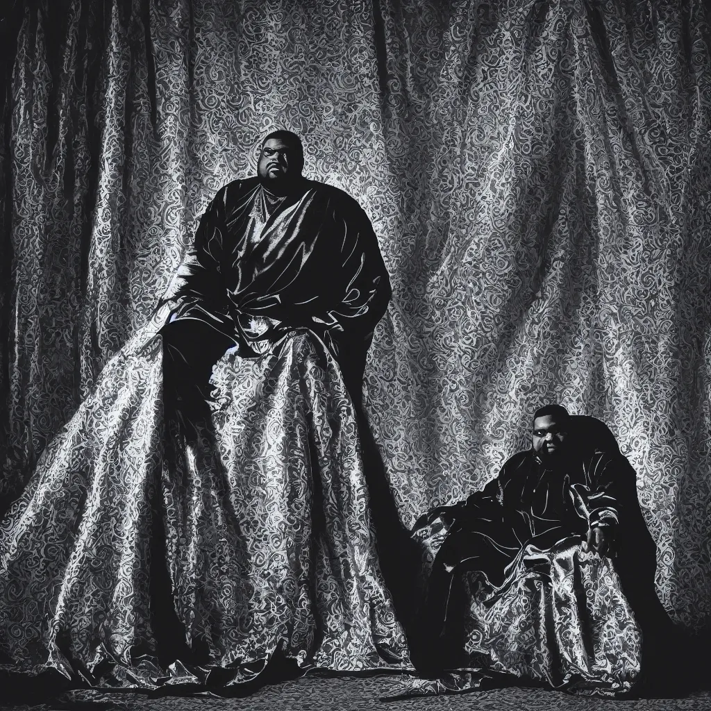 Image similar to Large black man sitting on throne wrapped in silk, background made of large folding curtains, dimly lit, dark, blacklight photography