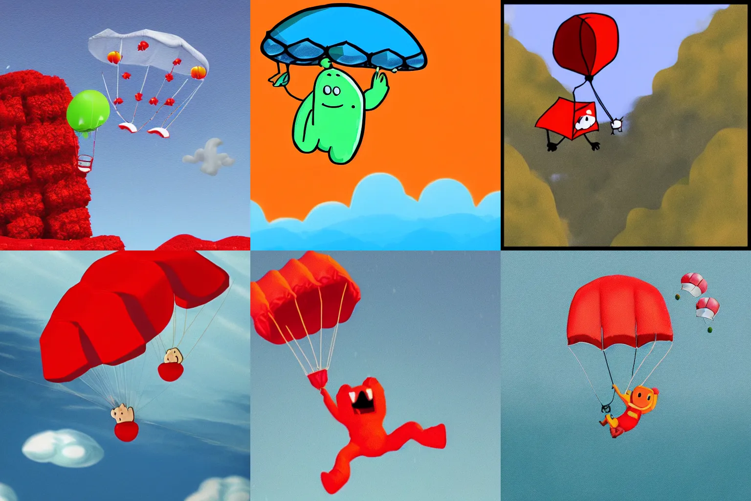 Prompt: koolaid man falling from the sky with a parachute
