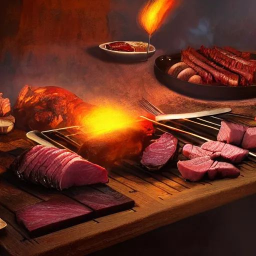 Image similar to asado argentino, highly detailed digital matte painting, smoked meat inside the barbacue, award painting, volumetric ligth, trending on artstation, 4 k,