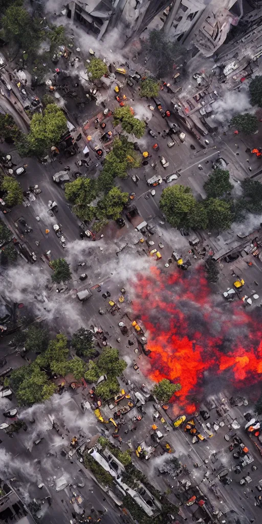 Image similar to post - apocalyptic kreuzberg streets covered in colorful smoke, burned cars, explosions, hyperrealistic, gritty, damaged, drone photography, photorealistic, high details