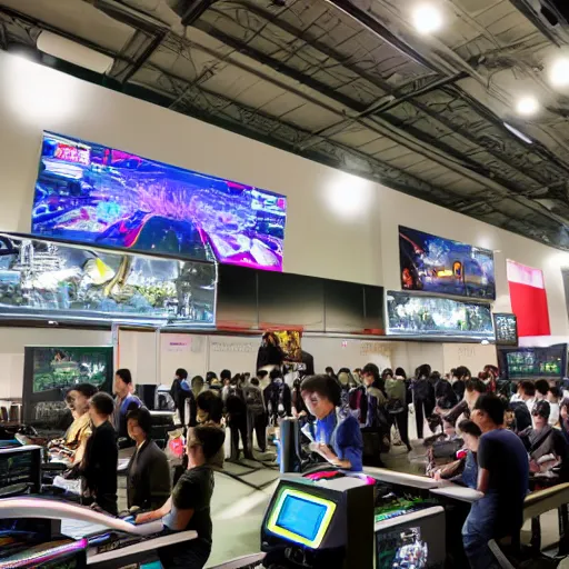 Prompt: gamers playing computers in a exhibition hall filled with many spectators, photorealistic, ultra-detailed, high resolution