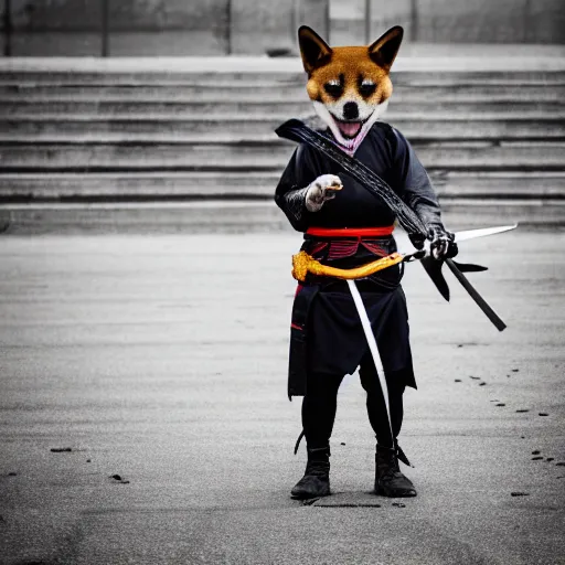 Prompt: a shiba inu demon warrior with a samurai sword, street photography