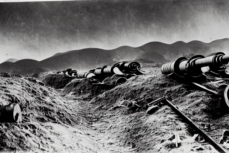 Prompt: 1 5 5 mm artillery in trenches with a beautiful background of hills and mountains, black and white photography, 1 9 2 5