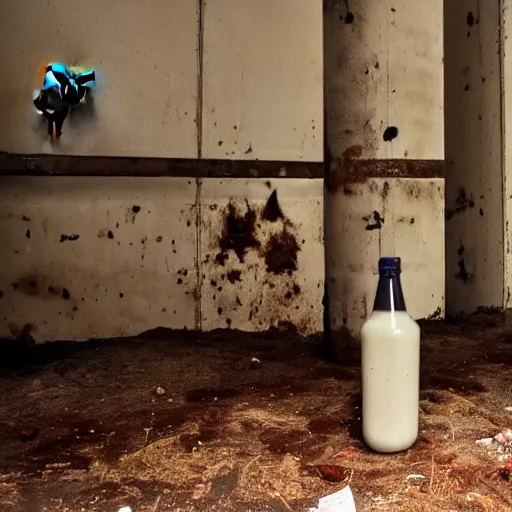 Image similar to dirty bottle of milk and a cow inside rusted slaughterhouse