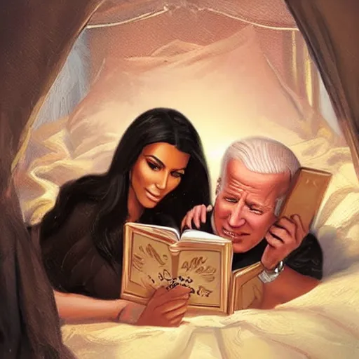 Image similar to portrait of kim kardashian reading a bedtime story to joe biden in bed, an oil painting by ross tran and thomas kincade