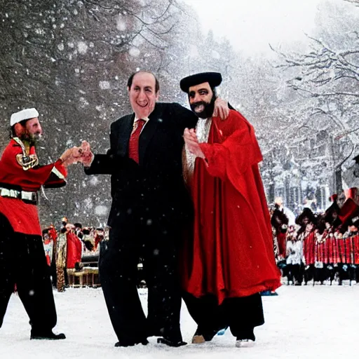 Prompt: bin laden dancing with king juan carlos, in the middle of a snowy landscape